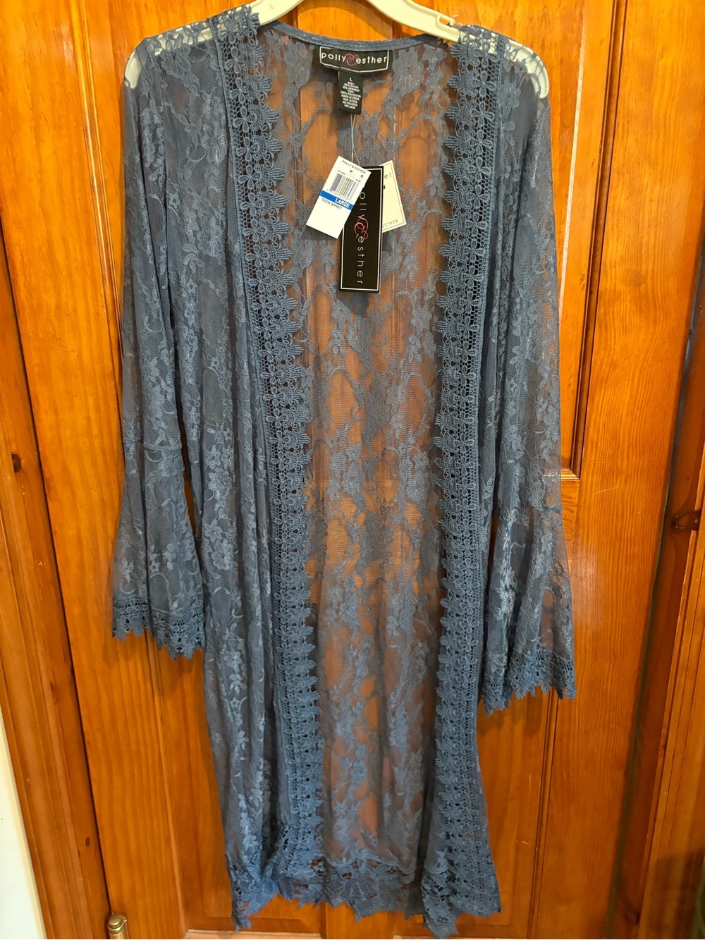 Polly & Esther Slate Blue Bohemian Style Lace Duster Wrap with Crochet Trim